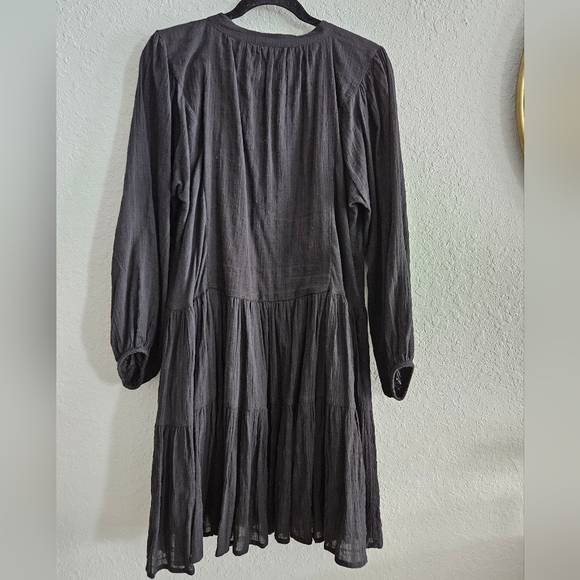 Seafolly Black Smock Long Sleeve Layered Ruffled Open Tie V-neck Dress - Picture 2 of 10